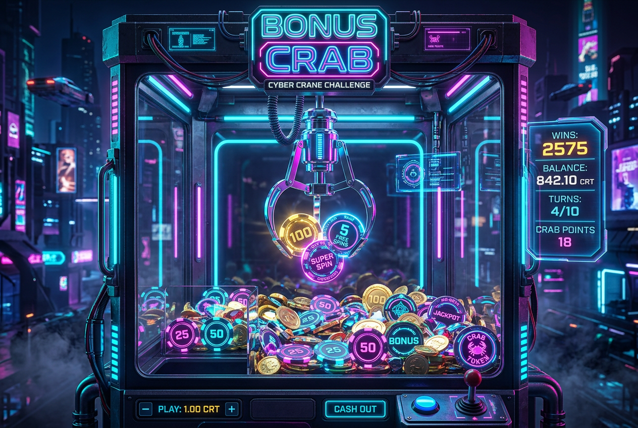 Interaktywny interfejs mechanizmu Bonus Crab w kasynie online w stylu cyberpunk