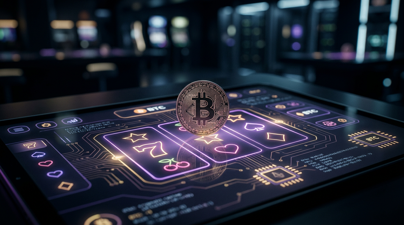 Złoty Bitcoin na tle cyfrowego interfejsu kasyna online w nowoczesnym stylu