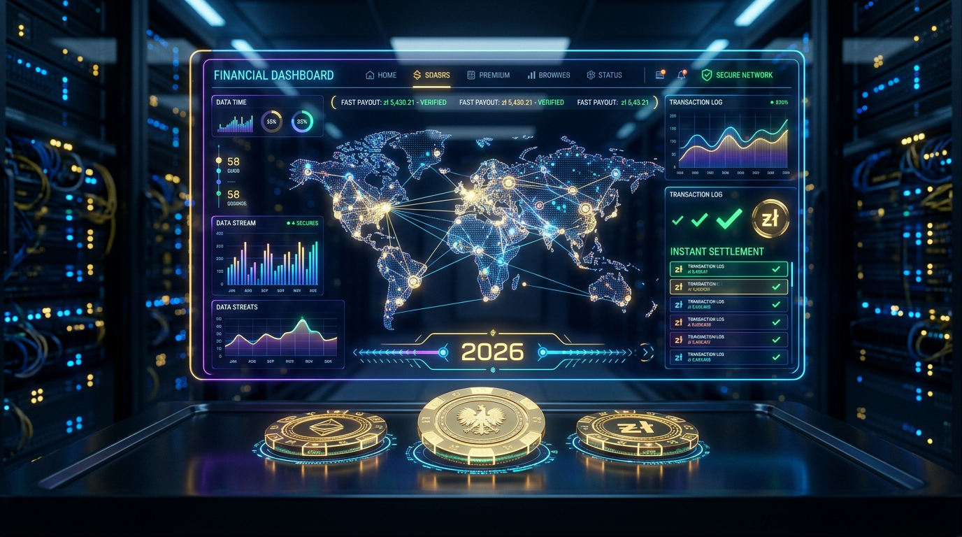 Nowoczesny interfejs finansowy symbolizujący szybkie wypłaty w kasynach online 2026