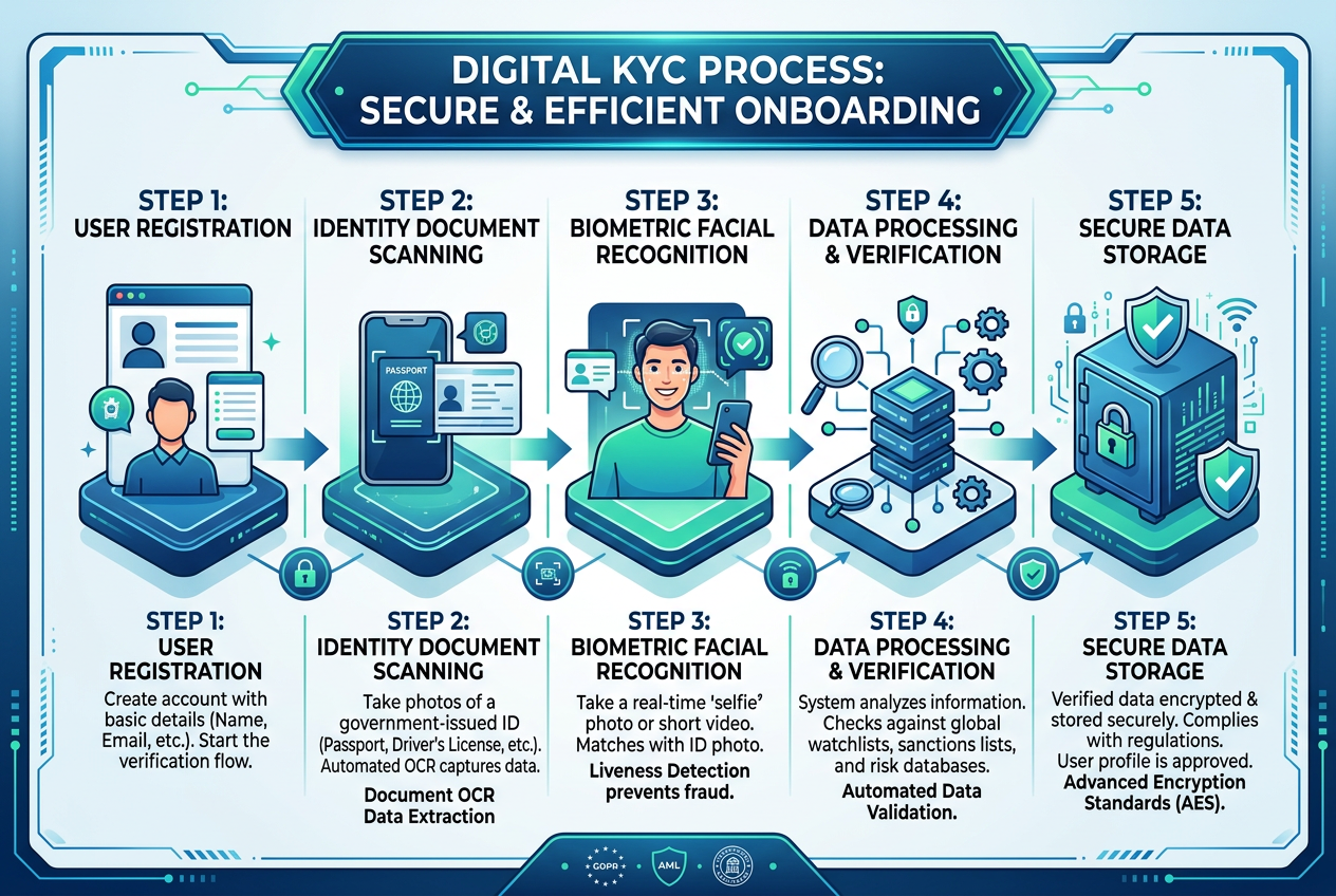 Infografika przedstawiająca procedurę weryfikacji tożsamości KYC i bezpieczeństwo danych