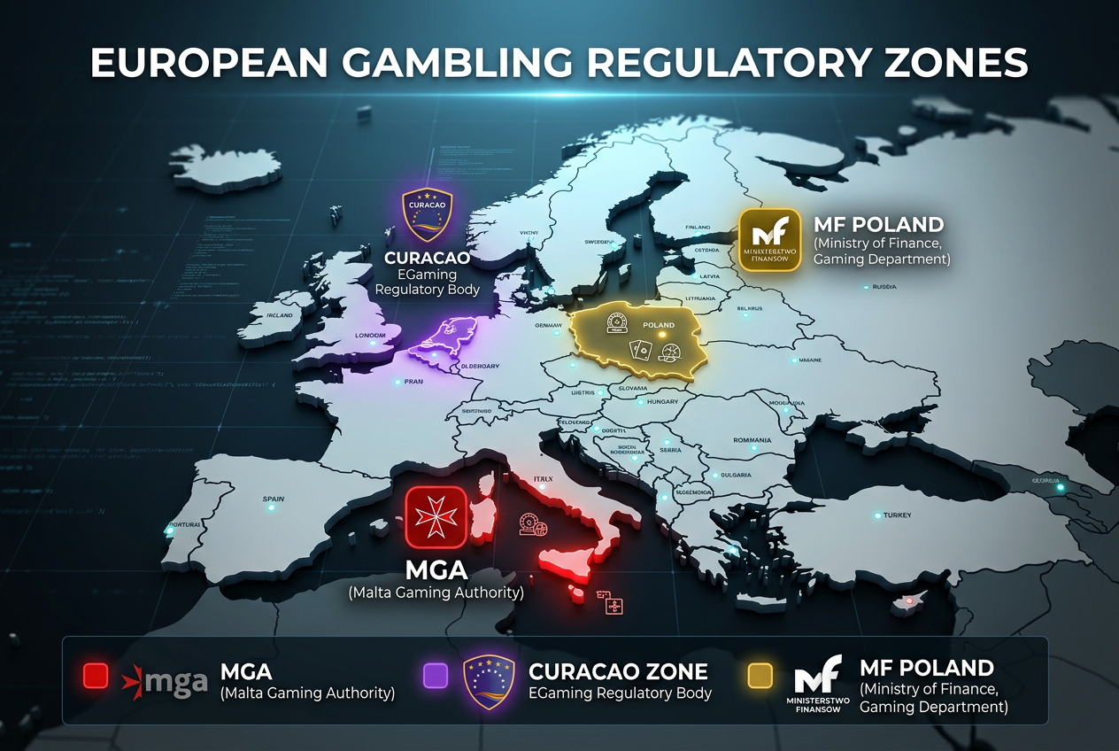 Mapa jurysdykcji hazardowych w Europie z oznaczeniami organów nadzorczych MGA i Curacao
